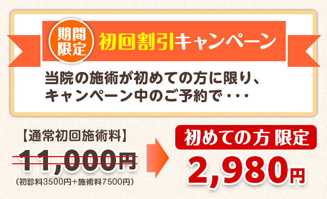 期間限定初回割引キャンペーン、通常初回施術料11000円が2980円に（初めての方限定です）