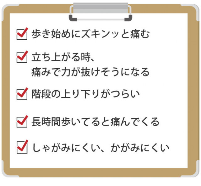 歩き始めにズキンッと痛む 立ち上がる時に痛みで力が抜けそうになる 階段の上り下りが辛い 長時間歩いてると痛んでくる しゃがみにくい、かがみにくい