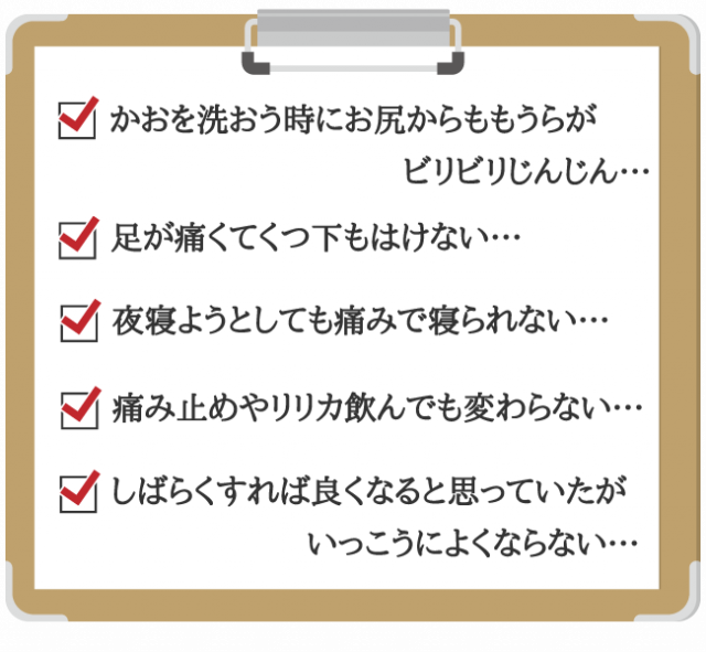 お尻からももの裏がビリビリじんじん、坐骨神経の痛みで歩くのもつらい、夜寝ようとしても痛みで寝られない、痛み止めやリリカを飲んでも変わらない、しばらすれば良くなると思っていたがいっこうによくならない