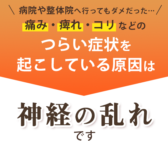 病院や整体院へ行ってもダメだった…痛み・痺れ・コリなどのつらい症状を起こしている原因は、「神経の乱れ」です。